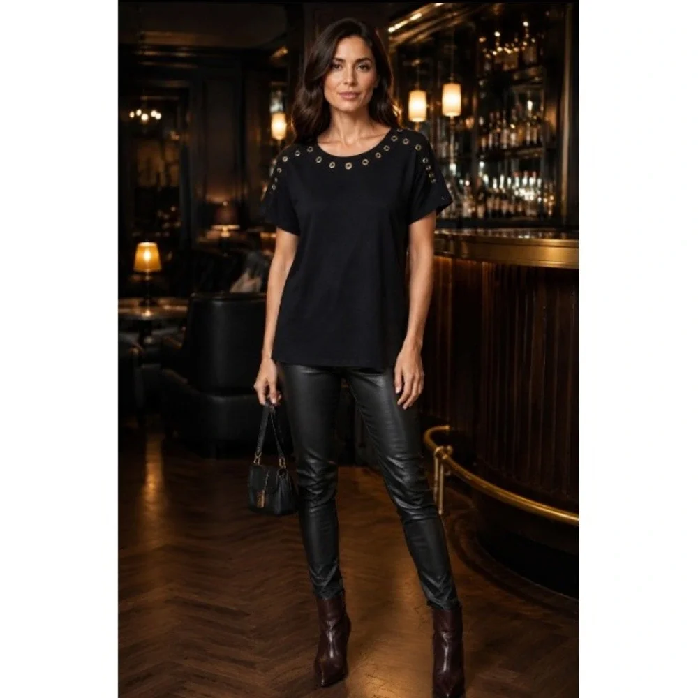 MICHAEL Michael Kors Black Gold Grommet Short Sleeve Top Women L NWT